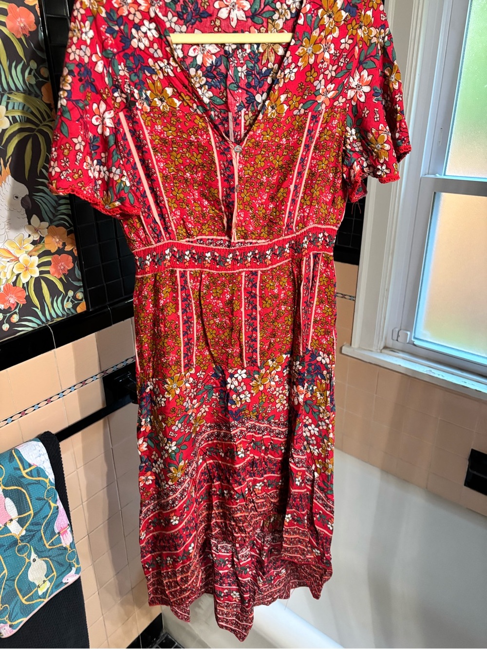 Red Floral Midi Dress with V-Neck